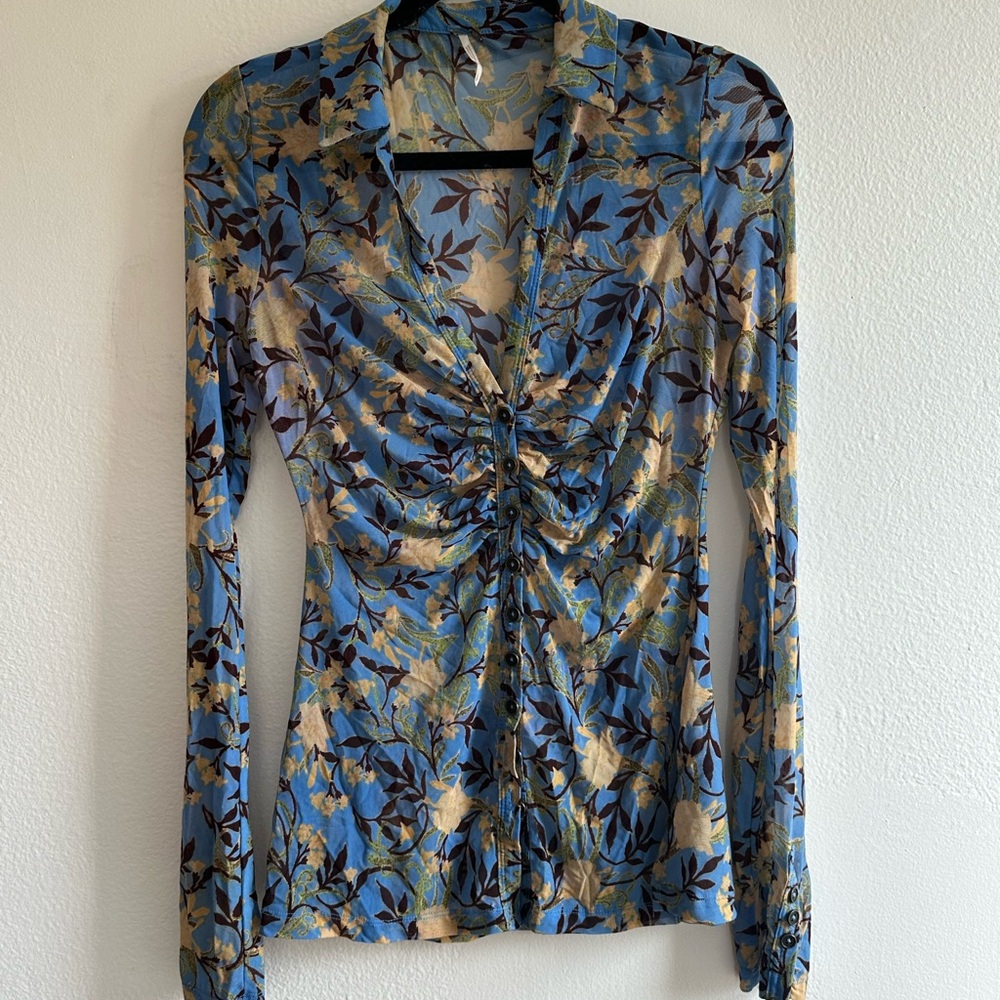 Free People Blue Floral Ruched Blouse